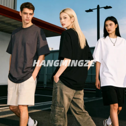 2026 New Summer Couple T-shirts Oversized Cotton T-Shirt Casual High Street Short Sleeves Tee Shirt Basic Solid Color Loose Tops