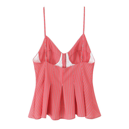 DUOPERI Women 2025 New Fashion Poplin Striped Backless Camisole Thin Straps V-Neck Female Chic Lady Casual Mujer Tops