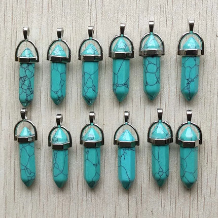 Fast shipping Natural stone quartz aventurine lapis crystal hexagonal pillar Pendants for Jewelry accessories 12pcs Wholesale