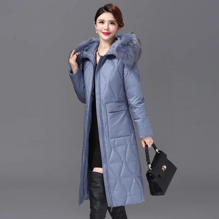Shengyu Boya Over-The-Knee Long Down Jacket for Middle-Aged and Elderly Women, Thickened with Raccoon Fur Collar, New Winter Coat