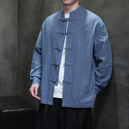 Chinese Style Men Long Sleeve Casual Shirt New 2026 Spring Vintage Mandarin Collar Loose Male Cotton Linen Tops Shirts N055