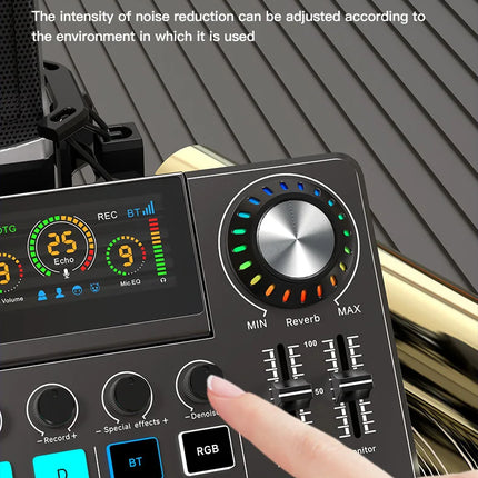 Audio Mixer, Live Sound Card with DJ Mixer Effects & Voice Changer, Sound Board with RGB, Music Recording Equipment