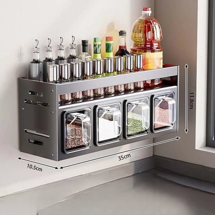 No-Drill Wall Mounted Kitchen Spice Rack Set with Multiple Sealed Jars & Spoon Distributors, Space Saving Pantry Organizer for H