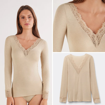 Absobe Long Sleeve Lace Trim T-shirt Women Sexy Low Cut V-Neck Patchwork Versatile Slim Female Top Solid Color Casual Streetwear