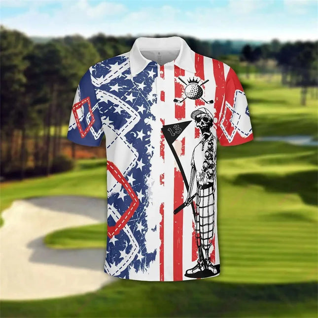 3D Printed Golf Polo Shirts For Men Skull Pattern Sweatshirt Summer Casual Vacation Short Sleeve Sport Lapel Tops Streetwear