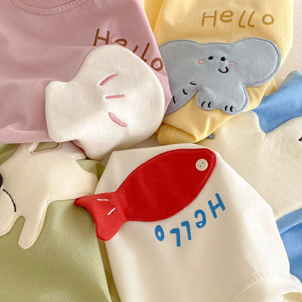 2026 New Summer Kids Clothes Cute Cartoon Patch Short Sleeve T-shirt 0-5Y Girls Boys Letter Print Casual Soft Undershirt