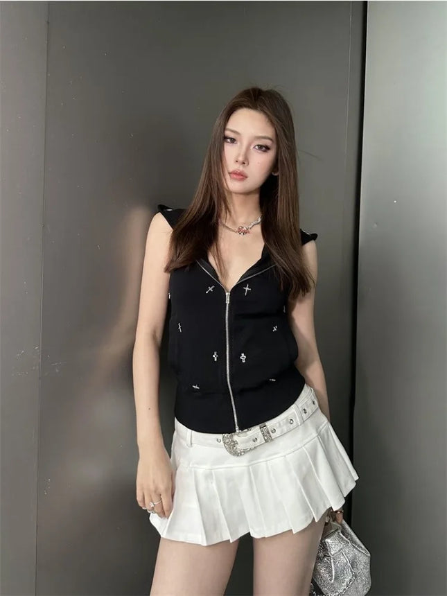 E-girl Vintage Subculture Letter Print Hooded 2000s Y2k Millennial Fashion Zipper Cardigan Summer Casual Sleeveless Tops Women