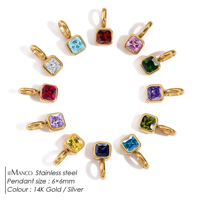 eManco Colorful 12 Birthstone Pendant DIY Accessory Necklace Women's Square Zircon Clavicle Pendants Birthday Party Gift