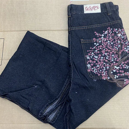 Y2K Vintage Low Waist Hip Hop Cherry Blossom Embroidered Jeans  Wide Leg Trousers Clothes Mens Embroidered Baggy Jeans Womes