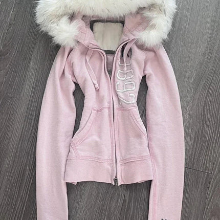 Vintage American Retro Solid Hooded Hoodie Women Winter Faux Fur Lined Zip Up Sweatshirt Cozy Fleece Pullover Streetwear Jacket