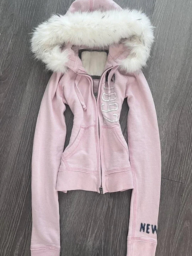 Vintage American Retro Solid Hooded Hoodie Women Winter Faux Fur Lined Zip Up Sweatshirt Cozy Fleece Pullover Streetwear Jacket