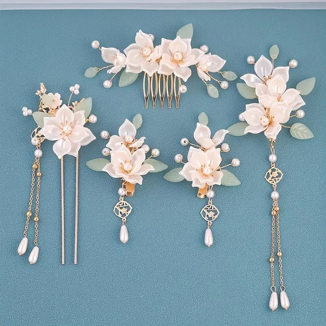 5-piece set featuring vintage floral and tassel designs, handmade Hanfu hair accessories, elegant classical style artificial flo