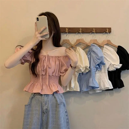 French Style Bubble Sleeve Shirt Women's Short Sweet Sensation Waist Cinched One Shoulder Top Polyester Blend Regular Sleeve