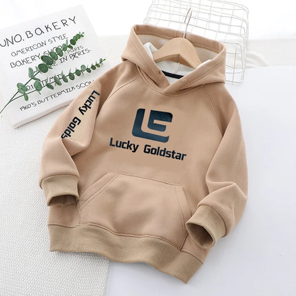 3-12 Years New Autumn Winter Boys Hoodies Lined With Plush Lining Thick Keep Warm Letter Hooded Sweatshirt For Kids