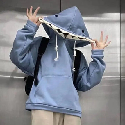 Aesthetic Long Sleeve Fleece Shark Hoodies Pullover Top Coat Hooded Sweatshirts Casual Loose Shark Hat Sweater Couple Clothes