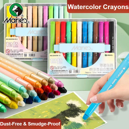 Marie's Solid Watercolor Crayons 12 Colors, Washable Soft Pastel Sticks, Macaron Colors, Water-Soluble Non-Dirty Hands Art Tools