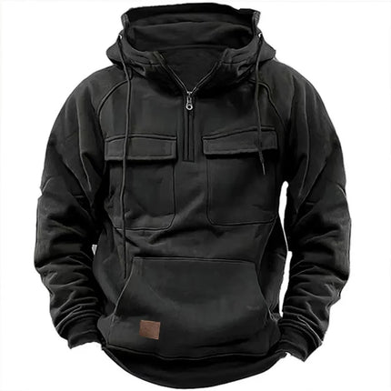 New Autumn-Winter Men's Hooded Solid-Color Casual Hoodie - Fashionable Young Man's Multi-Pocket Patch Hoodie Pullover Shirt