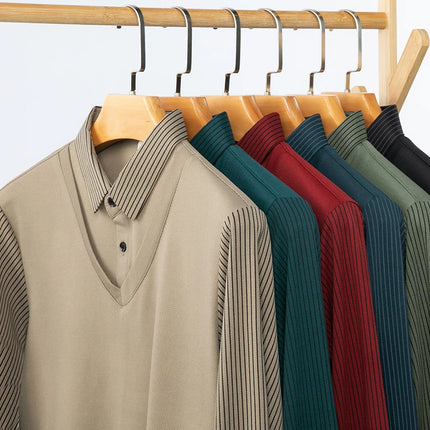 Men's Casual Fashion Long Sleeve Solid Color Polo Shirt 2025 Business Versatile Top All Season Fake Two-Piece
