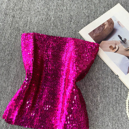 Elastic Slim Fit Stage Performance Outfit Heavy Sequin Wrap Chest Vest Tube Top in Pink Versatile Sexy Commute Sle ort Sl...