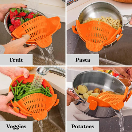 LMETJMA 6 Color Universal Clip on Strainer Adjustable Silicone Strain Pot   Strainer Colander For Pasta Fruit Vegetable JT-007