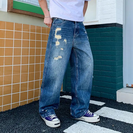 2026 Men's Wide-Leg Jeans New Retro Trendy Distressed Ripped Loose Jeans