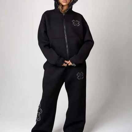 New 2026 Fashion Olive Green Embroidered Zipper Hoodie & Pants Set, Men's Street Style Fashion Loose Casual 2-Piece Sportswear