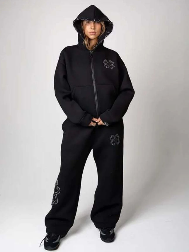 New 2026 Fashion Olive Green Embroidered Zipper Hoodie & Pants Set, Men's Street Style Fashion Loose Casual 2-Piece Sportswear