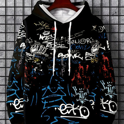 Fashionable men's autumn personalized letter graffiti print soft and comfortable hooded sweatshirt outdoor urban high street to