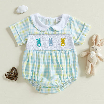 FOCUSNORM 2 Colors Lovely Baby Girls Boys Easter Romper Short Sleeve Doll Collar Bunny Embroidery Smocked Bodysuit Outfit
