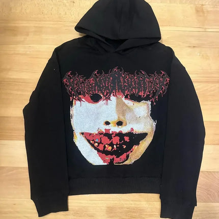 Mens Black Hooded Graphic Hoodie Horror Character Print Thriller Style Streetwear Unique Creative Design Express Individuality