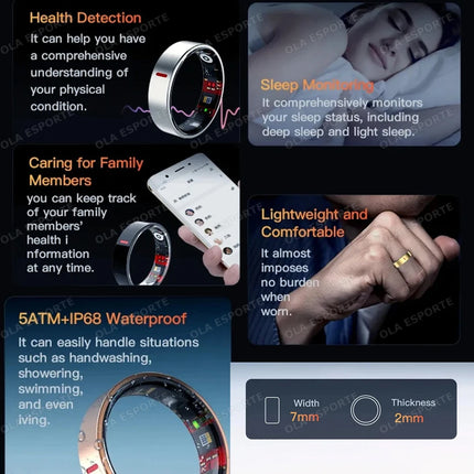 Men Women Smart Ring Health Monitoring Sport Tracker Step Count Rings 5ATM ,IP68 WaterProof  Gesture Control Smartring Ring Gift