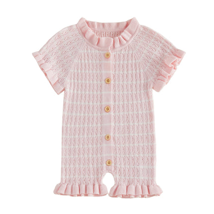 FOCUSNORM 0-24M Lovely Baby Girls Boys Summer Knit Romper Ruffle Trim Short Sleeve Button-up Jumpsuit Newborn Bodysuit