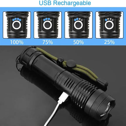 High Power LED Flashlight USB Rechargeable 5 Mode Aluminum Alloy Telescopic Zoom Torch Tactical Lamp for Outdoor Camping Fishing