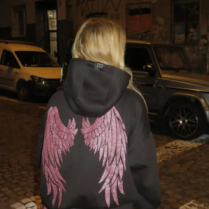 Black Oversized Hoodie Women Pink Sequin Angel Wings Back Graphic Heavy Glitter Sparkly Detail  Casual Fashion Pullover Jacket