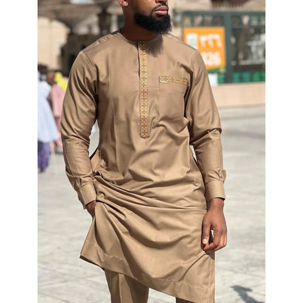 New Dashiki Men's Set Grey Round Neck Long Sleeve Luxury Brand Men's Suit Casual Slim Fit Men's Set Wedding Evening Suit