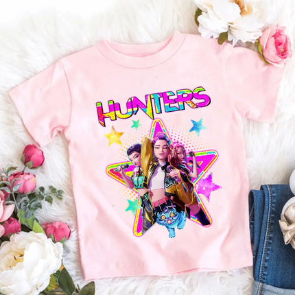 2026 New Style Korean-style Demon Hunter Printed Cotton Fashion Casual Round-neck Cartoon Girls' T-shirt for Summer