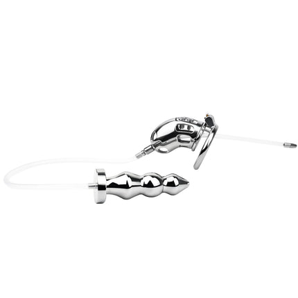 FRRK Curve Cylinder Male Chastity Cage With Metal Anal Plug Silicone Urethral Catheter 2 In 1  Adult Games Sex Toys For Men Gay