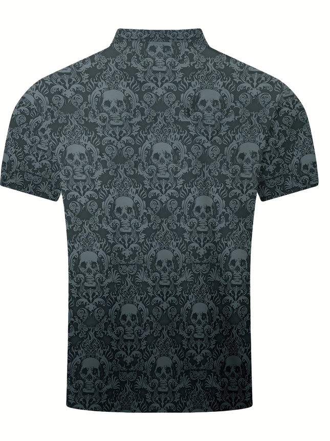 2026 Summer New Style Men's Short-Sleeved Polo Shirt - Street Casual Fashion Comfortable Breathable 3D Skull Pattern Print