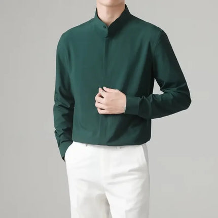 New Autumn Men's Shirt Lightweight Chic Korean Style Slim Fit Ice Silk Long Sleeve Casual Business Shirt Trendy