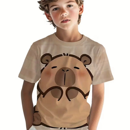 Cute Capybara Boy Clothes Cartoon Graphic Short Sleeve Tee Boy Child T-Shirt Summer Loose Top Fashion Kids Clothes Boys Clothing