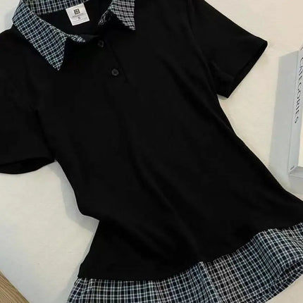 Preppy Style Plaid Splice  Neck Short Sleeve T-Shirt Women Summer Design Unique Fake Two-Piece Shoulder Baring Trendy Top