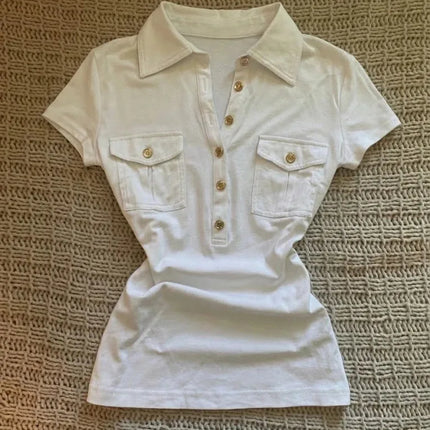 Y2K Japanese Streetwear Polo Shirt Women Slim Crop Tee 2025 White Short Sleeve Tops Letter Badge Houndstooth Vintage Harajuku