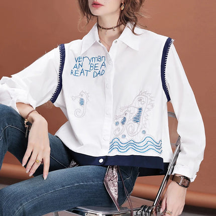 Women Embroidered Short Shirt Loose Fit Blouse Cropped Casual Cotton Top Long Sleeve Fashion Streetwea