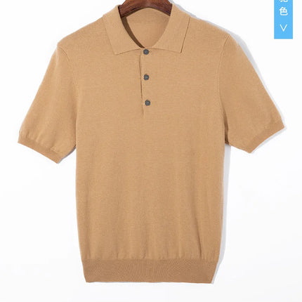 Men's short sleeved polo shirt, stylish top, knitted T-shirt, 2024 summer wool blend casual business pullover