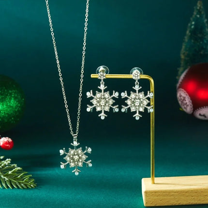 Luxury Zinc Alloy Christmas Jewelry Set Colorful Rhinestone Xmas Dangle Earrings Pendant Snowflake Necklace Women