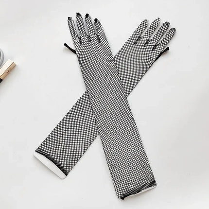 Women Sexy Black Fishnet Mesh Long Gloves Nylon High Elastic Full Finger Lace Hand Gloves Party Stage Exotic Costume Oversleeves