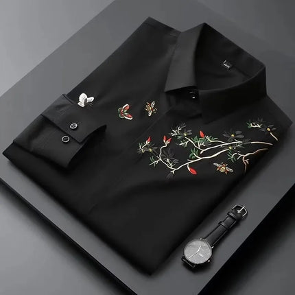 Elegant Chinese Style Embroidered Long Sleeve Men's Casual Shirt Autumn Iron Free Slim Fit Fashionable Top Men's Dress Shirt