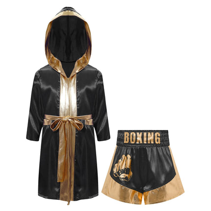 Boys Girls Halloween Carnival Boxer Cosplay Costume Boxing Robe Outfit Long Sleeve Satin Pugilism Hooded Cloak with Belt Shorts
