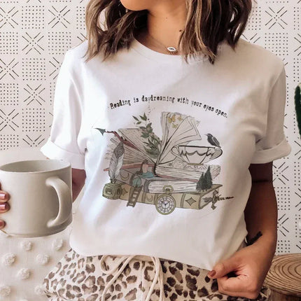 Books Cats Tarot Vintage Tee Fashion T-shirts New Women Summer Tshirt Top Lady Print Female Clothes Short Sleeve Graphic T-Shirt