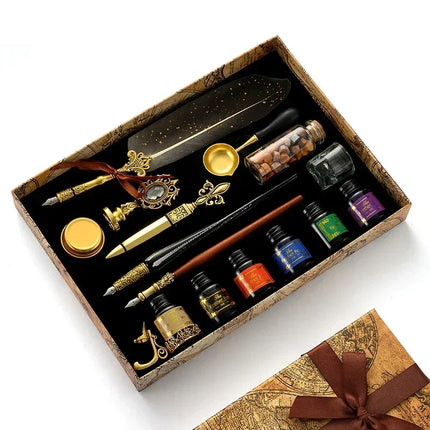 Luxury Fountain Pen Set, Retro Sprinkling Feather Pens Calligraphy Writing Dip Kit with Wax Seal Stamp & Replace Nibs, Gift Box